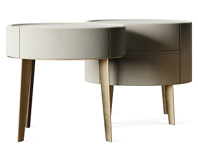 Modern Round Beige Bedside Table With Wooden Legs And Storage Drawers 3d model
