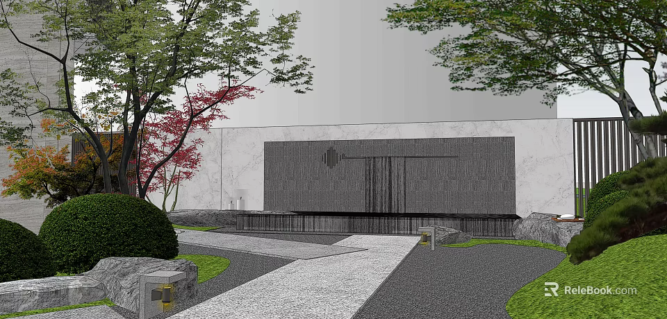 Serene Garden Landscape With Red Maple Trees Stone Pathway And Decorative Wall 3d model