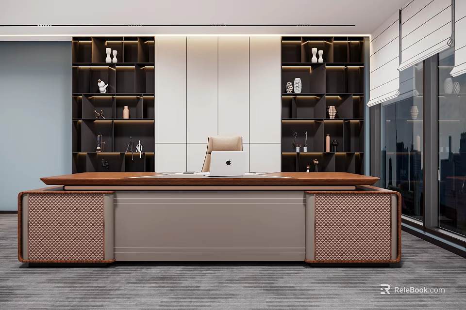 Elegant Modern Office Desk With Wooden Top And Decorative Shelves In Stylish Workspace 3d model 