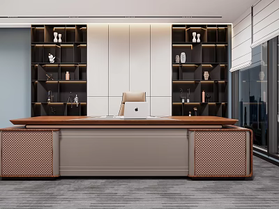 Elegant Modern Office Desk With Wooden Top And Decorative Shelves In Stylish Workspace 3d model