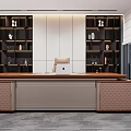 Elegant Modern Office Desk With Wooden Top And Decorative Shelves In Stylish Workspace