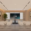 Spacious Bright Modern Conference Room Equipped With Large Display And Rows Of Comfortable White Seats