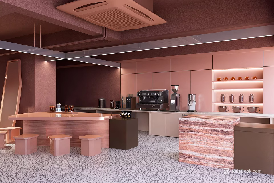 Warm Modern Coffee Shop Interior With Wooden Counter Bar And Coffee Machines 3d model 