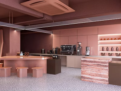 Warm Modern Coffee Shop Interior With Wooden Counter Bar And Coffee Machines 3d model
