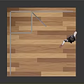 Modern Exhibition Booth Interior With Wooden Floor Black Walls Hair Styling Tools Icons And Model