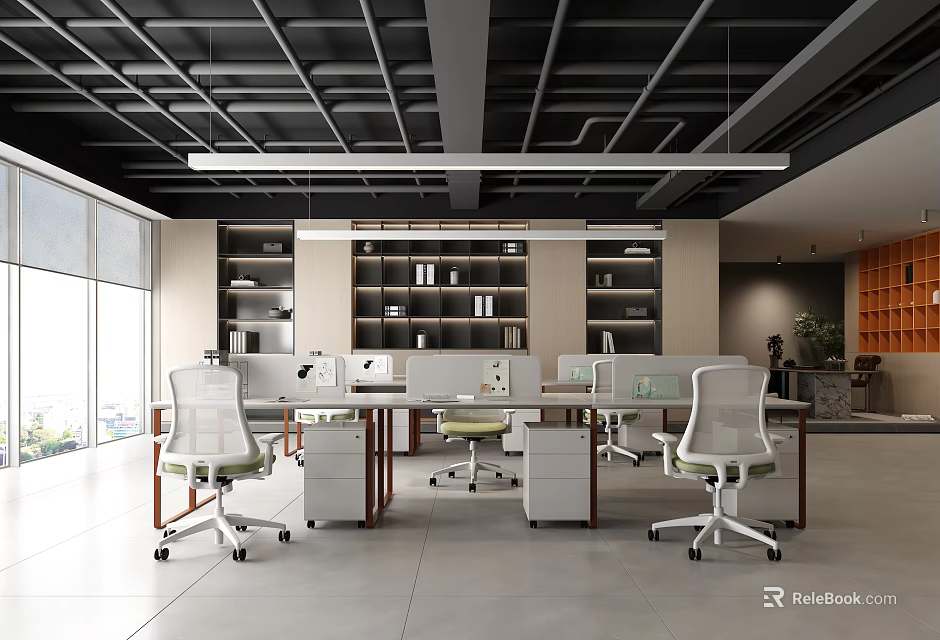 Modern Open Public Office Space With Desks Office Chairs Bookshelves And Large Windows 3d model 
