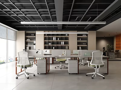 Modern Open Public Office Space With Desks Office Chairs Bookshelves And Large Windows 3d model