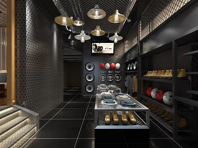 Modern Clothing Store With Lighting Metal Mesh Walls Black Floor Tiles Display Shelves Shoes Hats 3d model