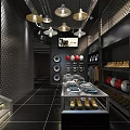 Modern Clothing Store With Lighting Metal Mesh Walls Black Floor Tiles Display Shelves Shoes Hats