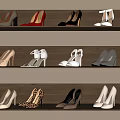 Fashionable High Heels Display on Wooden Shelves with Diverse Colors and Styles