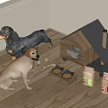 Indoor Scene With Dogs Dog House Bowls And Pet Food Bags On Wooden Floor