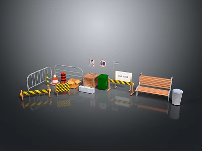 Road Safety Equipment Including Barriers Cones Signs Wooden Bench And Trash Can 3d model
