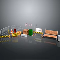 Road Safety Equipment Including Barriers Cones Signs Wooden Bench And Trash Can