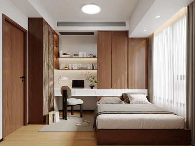 Modern Tatami Bedroom Interior Design With Wooden Wardrobes Desk Chair And Window Curtains 3d model