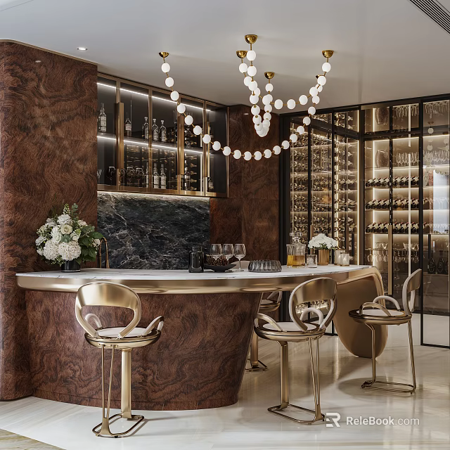 Luxurious Bar Area With Golden Chairs Marble Backsplash Chandelier And Wine Cabinets 3d model 