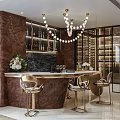 Luxurious Bar Area With Golden Chairs Marble Backsplash Chandelier And Wine Cabinets