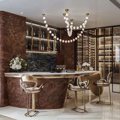 Luxurious Bar Area With Golden Chairs Marble Backsplash Chandelier And Wine Cabinets 3d model