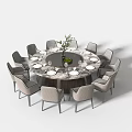 Modern Round Dining Table Set With Chairs Tableware Wine Glasses and Decorative Plant 3d model