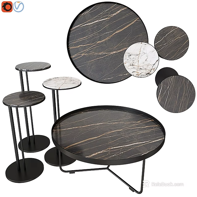 Modern Round Marble Dining Tables With Black Metal Legs And Natural Texture 3d model 