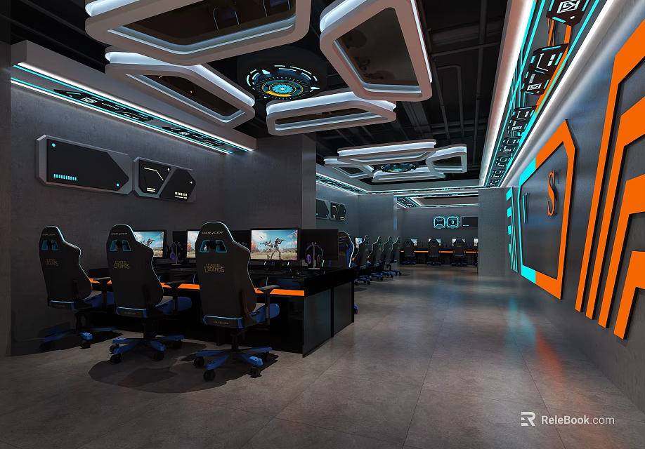 Modern Gaming Cafe Interior With Esports Computers Gaming Chairs And Neon Ceiling Decorations 3d model 