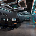 Modern Gaming Cafe Interior With Esports Computers Gaming Chairs And Neon Ceiling Decorations