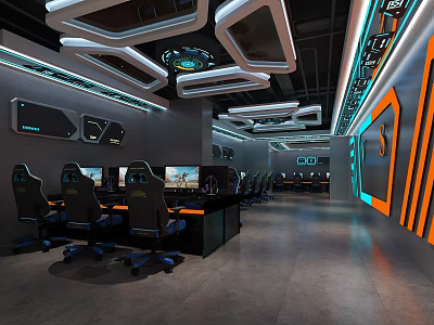 Modern Gaming Cafe Interior With Esports Computers Gaming Chairs And Neon Ceiling Decorations 3d model
