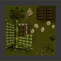 Cartoon Scene of Bamboo House with Leaning Ladder Green Roof and Vegetable Garden Tools