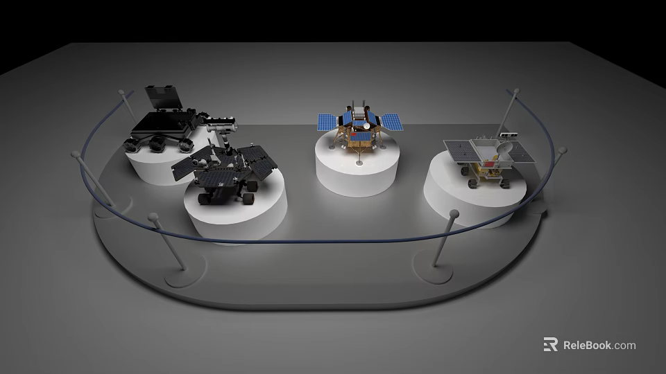 Technology Exhibition Hall Displaying Spacecraft Models On White Stands With Transparent Barriers 3d model 