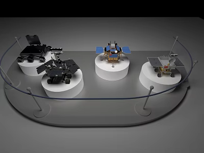Technology Exhibition Hall Displaying Spacecraft Models On White Stands With Transparent Barriers 3d model