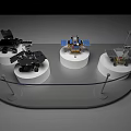 Technology Exhibition Hall Displaying Spacecraft Models On White Stands With Transparent Barriers