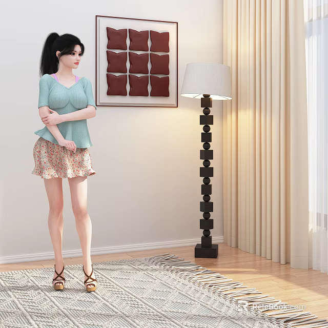 Woman In Light Green Top And Floral Skirt By Floor Lamp Red Wall Art 3d model 