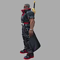 A Man Wearing Black And Red Tactical Gear With Sword On Back Standing Pose