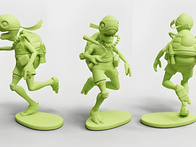 Green 3D Printed Ninja Turtle Sculptures With Dynamic Running And Carrying Poses 3d model