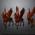 Three Red Winged Mythical Ram Like Creatures Displayed From Different Angles