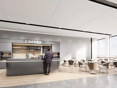 Modern Coffee Shop Interior With Bar Counter Person Standing Tables Chairs And Large Windows 3d model