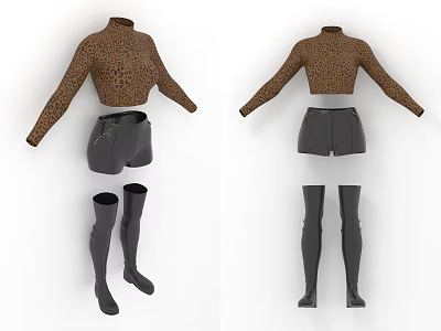 Leopard Print Long Sleeve Top With Black Shorts And Black Boots 3d model