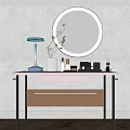 Modern Dressing Table with Round Mirror Blue Table Lamp and Skincare Products