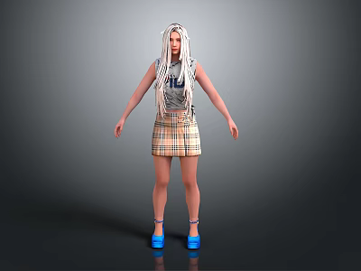 3D Character With White Braided Hair Gray Sleeveless T-shirt Plaid Skirt And Blue High Heels 3d model