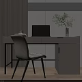 Modern Light Gray Desk with Black Laptop Green Plant Vase and Chair