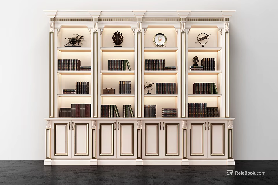 Elegant Traditional Cream Colored Bookcase With Multiple Shelves Built In Lighting And Decorative Sculptures 3d model 