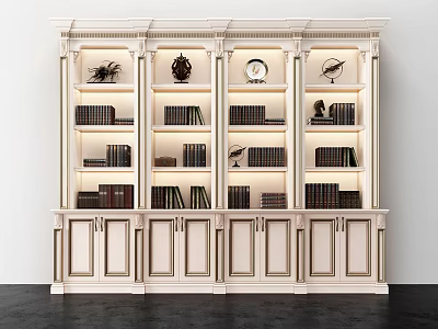Elegant Traditional Cream Colored Bookcase With Multiple Shelves Built In Lighting And Decorative Sculptures 3d model