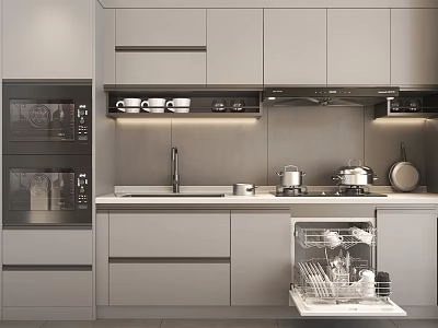 Modern Light Gray Kitchen Cabinets With Built in Appliances Sink And Open Dishwasher 3d model