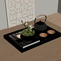 Elegant Tea Set with Teapot Teacups on Black Tray Wooden Table and Small Plant