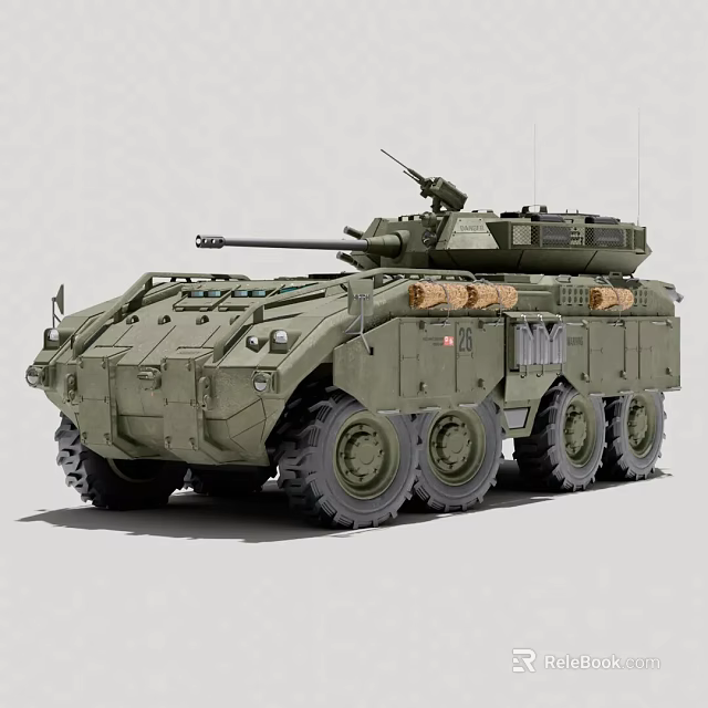 Green Military Armored Vehicle With Six Wheels Turret Cannon And Combat Design 3d model