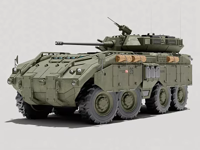 Green Military Armored Vehicle With Six Wheels Turret Cannon And Combat Design 3d model