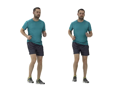 Two Men Running In Blue T Shirts And Dark Shorts On White Background 3d model