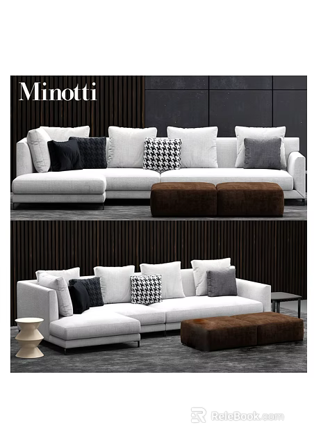 Modern White Sofa Set With Multiple Cushions And Brown Ottoman On Dark Panel Wall 3d model