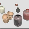 Ceramic Household Items Including White Gray Red Vases And Light Brown Bowls With Red Flowers