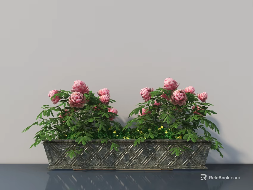 Long Rectangular Bonsai Potted Plant With Pink Flowers Green Leaves And Metal Woven Planter 3d model 