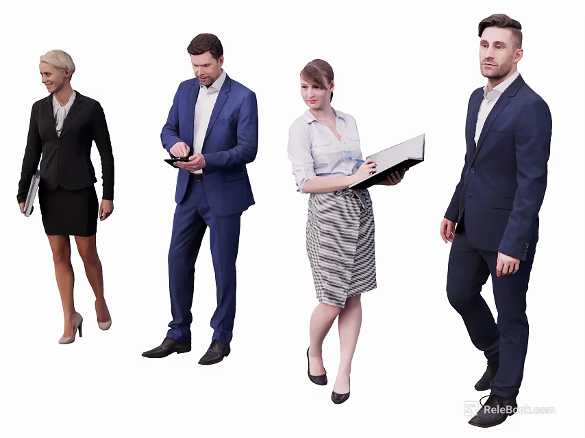 Group of Business Professionals in Formal Attire Holding Work Documents and Tablets 3d model 